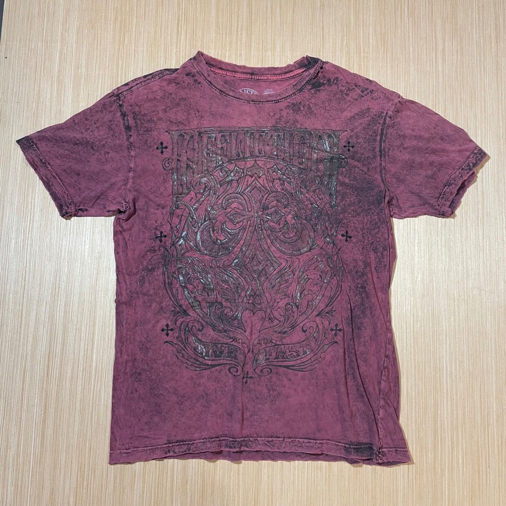 Affliction T-Shirt Men Burgundy Acid Wash Gothic Cross Graphic Tee Large